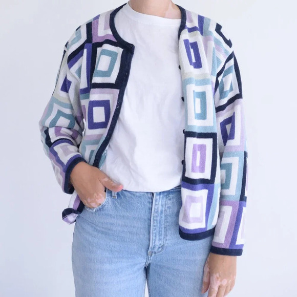 Vintage Talbots Navy Purple Geometric Squares Button Up Cardigan Sweater L - Picture 1 of 10